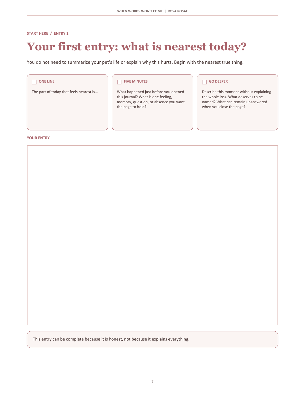 A guided journal entry with three writing depths and a fillable space