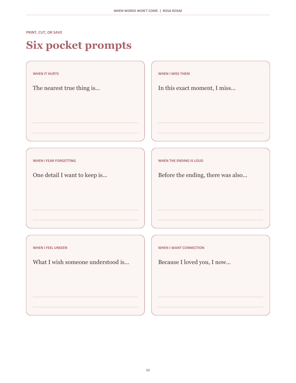 Six printable pocket prompt cards from the journal